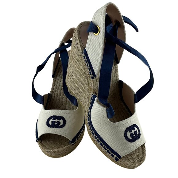Gucci Women's Espadrille With Ribbon Tie Interlocking G White & Blue Sz 38 - Picture 3 of 11